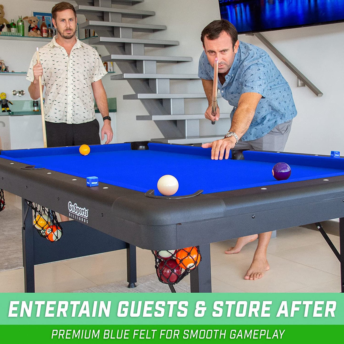 GoSports 7ft Billiards Table – Portable Pool Table – Includes Full Set of Balls, 2 Cue Sticks, Chalk, and Felt Brush